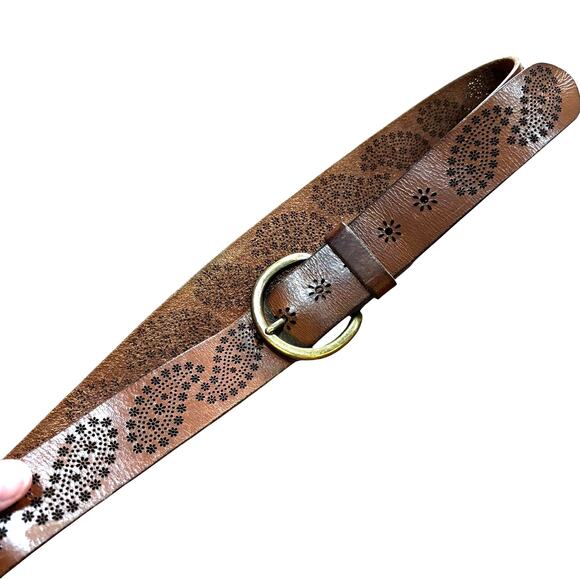 Vintage Lucky Brand brown leather belt M brass buckle tooled paisley Boho FLAWS - Picture 5 of 7